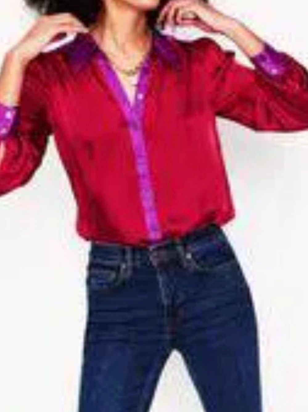 Boden Red Satin Button-Down with Purple Trim
